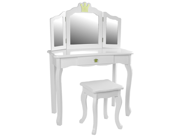Wooden Dressing Table White Princess Crown Three Mirrors 100 cm
