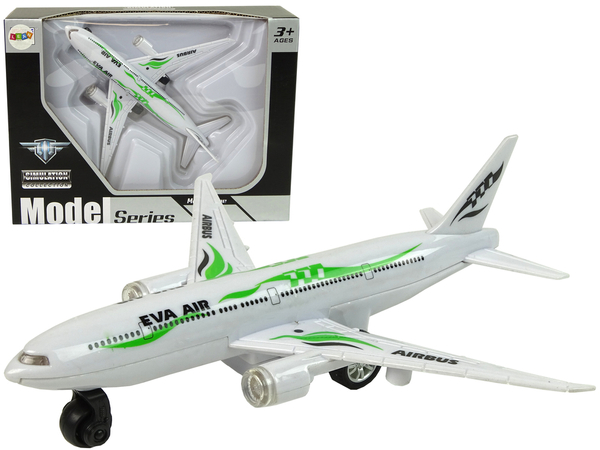 Passagierflugzeug Weiß mit grünen Elementen Antrieb Lichter Sound